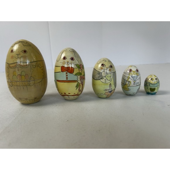 Vintage Easter Rabbit's In Suit's Egg Shaped Nesting Doll Set Of 5 - Picture 1 of 12